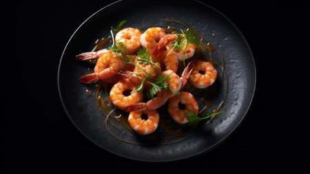 Shrimps with parsley on a black plate on a black backgroundの素材