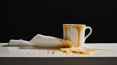 Coffee cup with spilled coffee on a white table with a black backgroundの素材