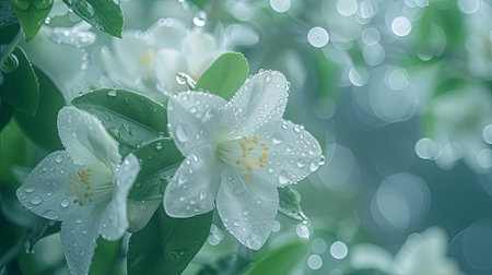 White jasmine flowers with rain drops on green bokeh backgroundの素材