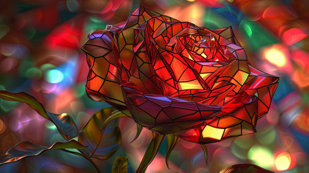 Red rose on multicolored bokeh background. 3D illustration stained glass window.の素材