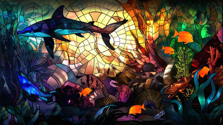Mermaids and fishes in the ocean. Illustration in stained glass style.の素材