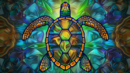 turtle on the background of multicolored stained-glass windowの素材