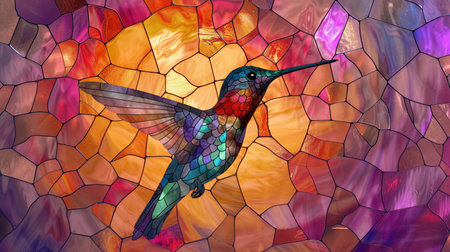 Colorful stained glass mosaic with hummingbird in flight. Abstract background.の素材
