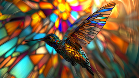 Hummingbird in the colorful stained glass window. 3d illustrationの素材