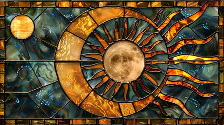 The stained glass window in the sun and moon of St. Francis of Assisi.の素材
