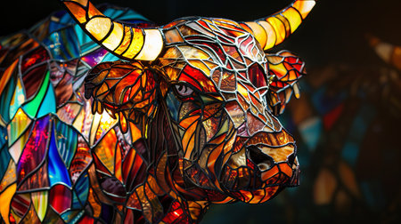 Colorful stained glass window in the form of a bull head.の素材