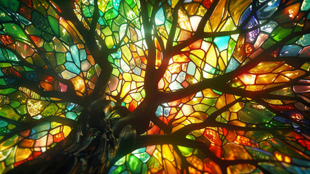 Colorful stained glass window in the shape of a tree. Stained glass window.の素材