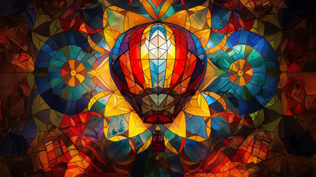 Colorful stained-glass window with a ballon in the shape of a heartの素材