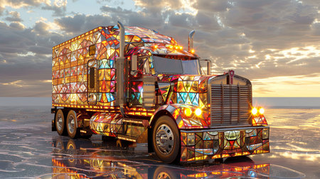 Truck with colorful stained glass window on the background of the sunsetの素材