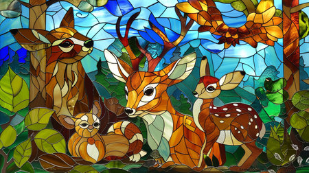 Illustration in stained glass style with the image of a deer familyの素材