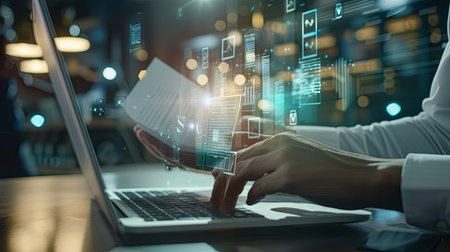 Close up of businessman working with laptop in dark office with double exposure of virtual interface. Toned imageの素材