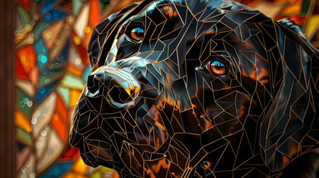 Black Labrador Retriever in a stained glass window. 3D renderingの素材