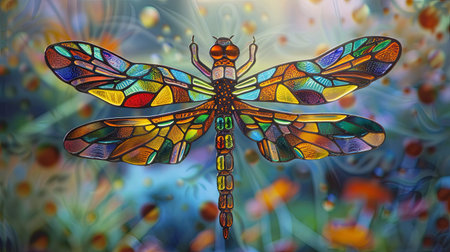Dragonfly on a colorful background. Psychedelic illustration. Digital painting. stained glassの素材