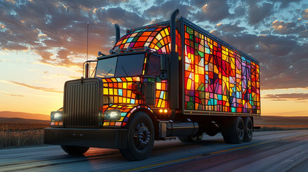 Truck with colorful stained glass window on the road at sunset.の素材