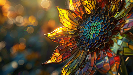 Close up of colorful stained glass flower with bokeh background.の素材