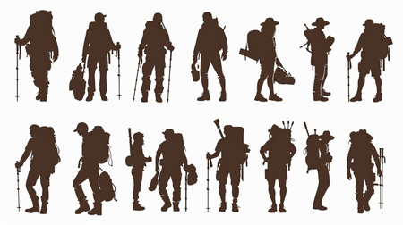 Set of silhouettes of hikers on a white background. Vector illustration.の素材