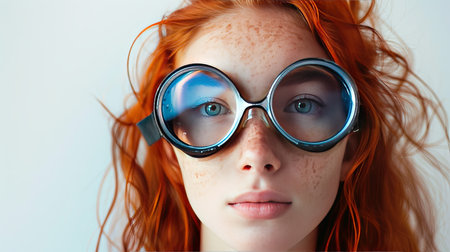 Funny redhead girl with freckles and glasses. Studio shot.の素材