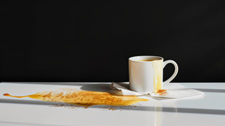 Coffee cup on white table and black background, space for textの素材