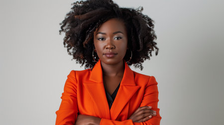Portrait of a beautiful young african american woman in orange jacketの素材