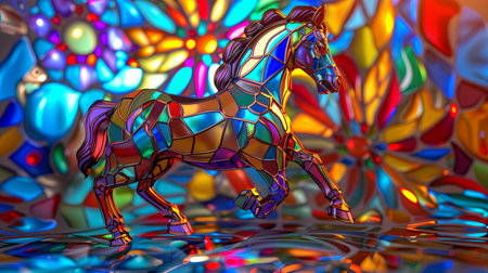 Horse in a stained glass window. 3d render illustration.の素材