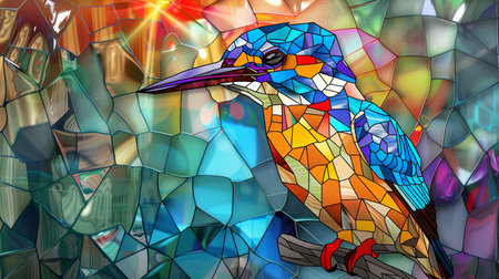 Colorful stained glass bird on the background of a stained glass windowの素材