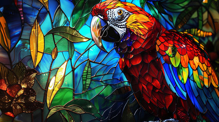 Colorful macaw parrot on colorful stained glass window background.の素材