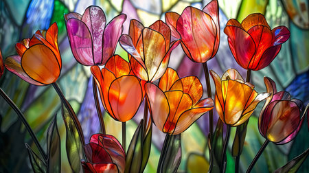 Multicolored tulips on a background of stained-glass windowの素材