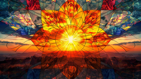 Sacred geometry in the form of a stained glass window on a background of the sunset.の素材