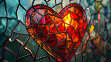 Stained glass heart with red and blue light in the background.の素材