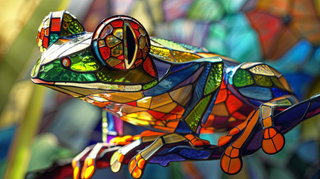 colorful frog on the background of the multicolored garlandsの素材