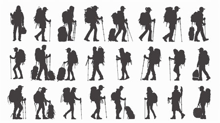 Set of silhouettes of tourists on a white background. Vector illustrationの素材