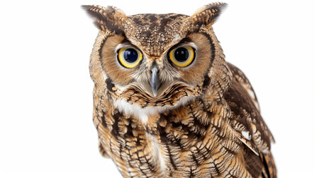 Owl isolated on white background. Close up portrait of an owl.の素材