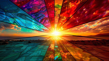 Colorful stained glass window on the background of the sea and sunsetの素材