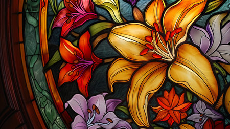 Illustration in stained glass style with lilies on a dark backgroundの素材