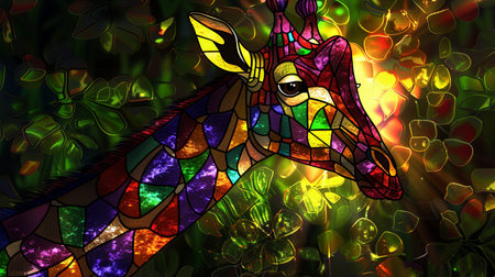 Giraffe in a colorful stained glass window in the forest.の素材