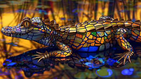 digital illustration of a crocodile in the water with a colorful backgroundの素材