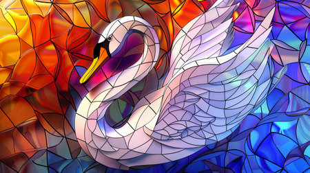 abstract fractal illustration of a white swan on a colorful background stained glassの素材