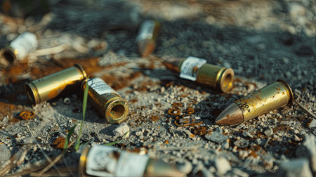 A pile of used bullet shells lying on the ground in the forest.の素材