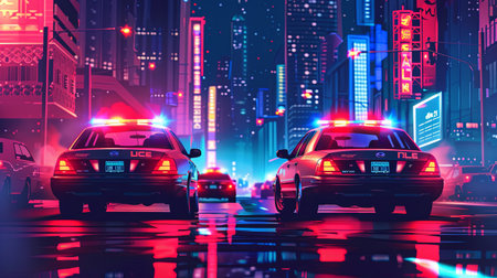 Night city road with cars, neon lights and reflections, vector illustrationの素材