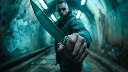 Armed man with a knife in an underground tunnel, conceptual image.の素材