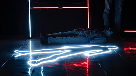 A man in a suit is lying on the floor with neon light.の素材