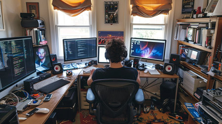 Rear view of a young man sitting in front of computer screensの素材