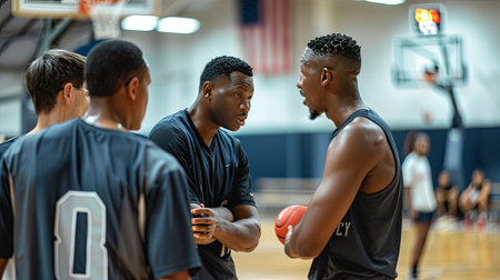 Group of young men playing basketball in gym. Sport and active lifestyle concept.の素材