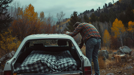 A man in a plaid shirt sits on the hood of a car and looks at the landscape.の素材