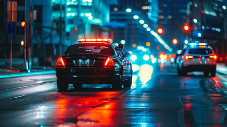 Police car on the road at night in New York City, USAの素材