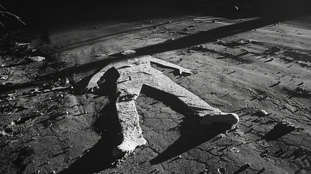 A black and white image of a stone cross in the desert.の素材