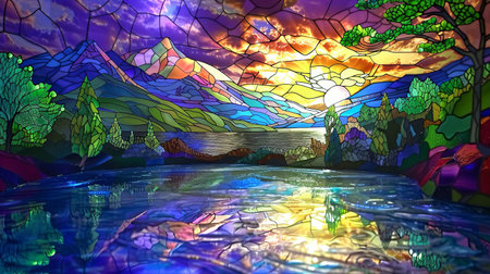 3D illustration of a fantasy landscape with a lake, mountains, and sky Stained glassの素材