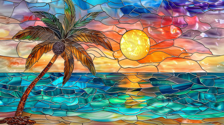 Illustration in stained glass style with a palm tree on the background of the sun and the seaの素材