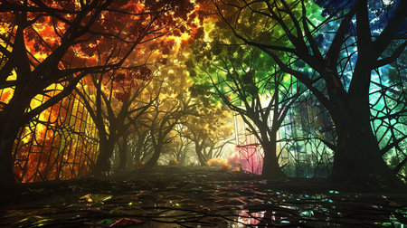 Fantasy landscape with trees, fog, and lights. 3d render Stained glassの素材