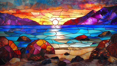 Illustration in stained glass window of a lake and mountains at sunsetの素材